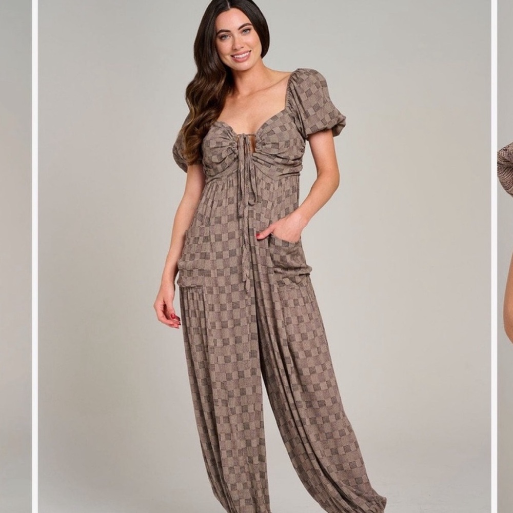#496 Brown Checkered Jumpsuit